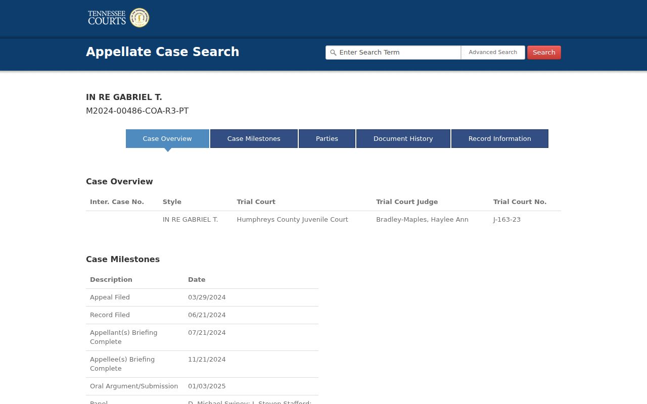 Humphreys County case search result columns and trial court link