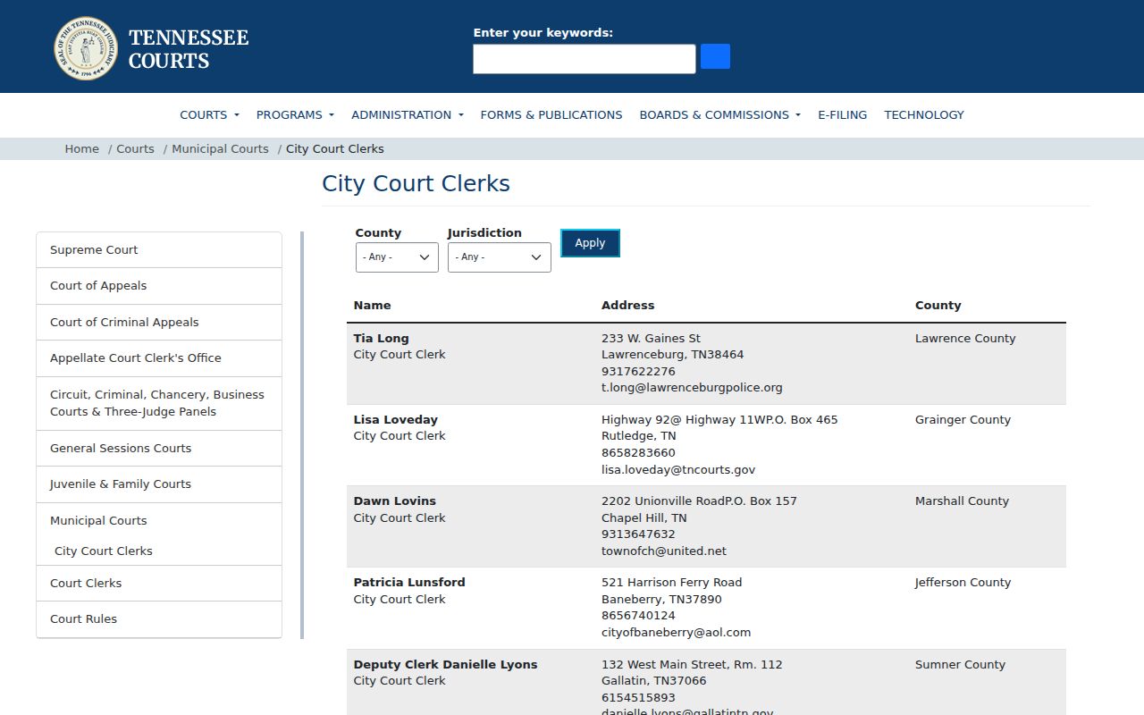 Humphreys County court calendar contacts for Waverly McEwen and New Johnsonville