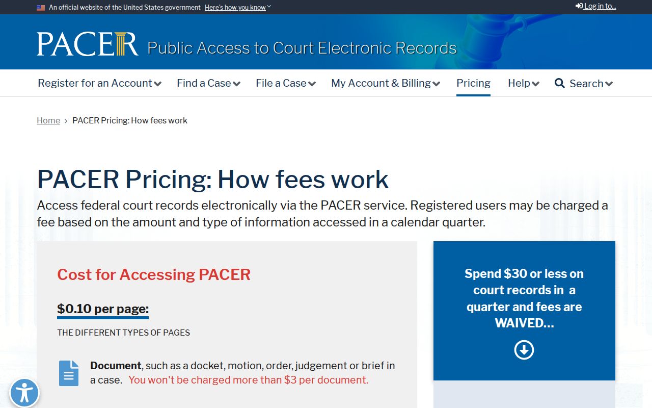 Waverly court docket federal PACER fee and waiver information